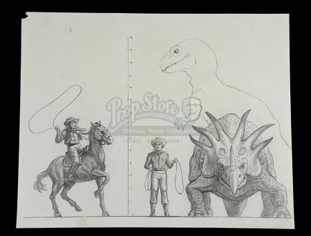 VALLEY OF GWANGI, THE (1969) - Ray Harryhausen Hand-Drawn Scale Comparison of Cowboys, Gwangi and Styracosaurus