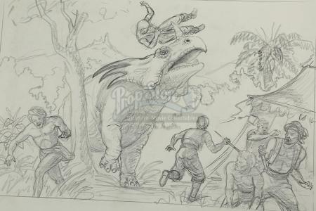 KING OF THE GENIIS (1973) - Ray Harryhausen Hand-Drawn Concept of the Styracosaurus Attack