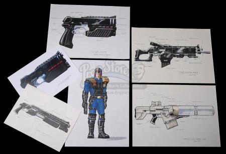 JUDGE DREDD (1995) - Hand-Coloured Judge Sketch and Printed Weapon Design Artwork