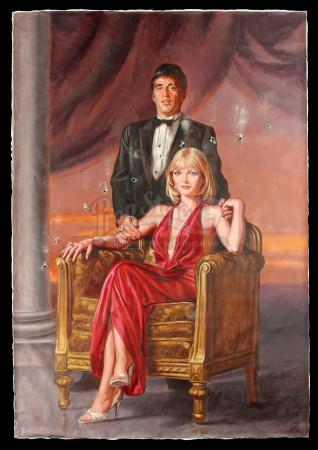 SCARFACE (1983) - Hand-Painted Mansion Portrait of Tony Montana (Al Pacino) and Elvira Hancock (Michelle Pfeifer)